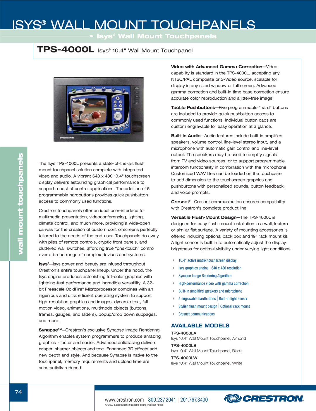 Crestron electronic TPS-3100L, TPS-17L, TPS-12L, TPS-15L manual TPS-4000LIsys 10.4 Wall Mount Touchpanel 
