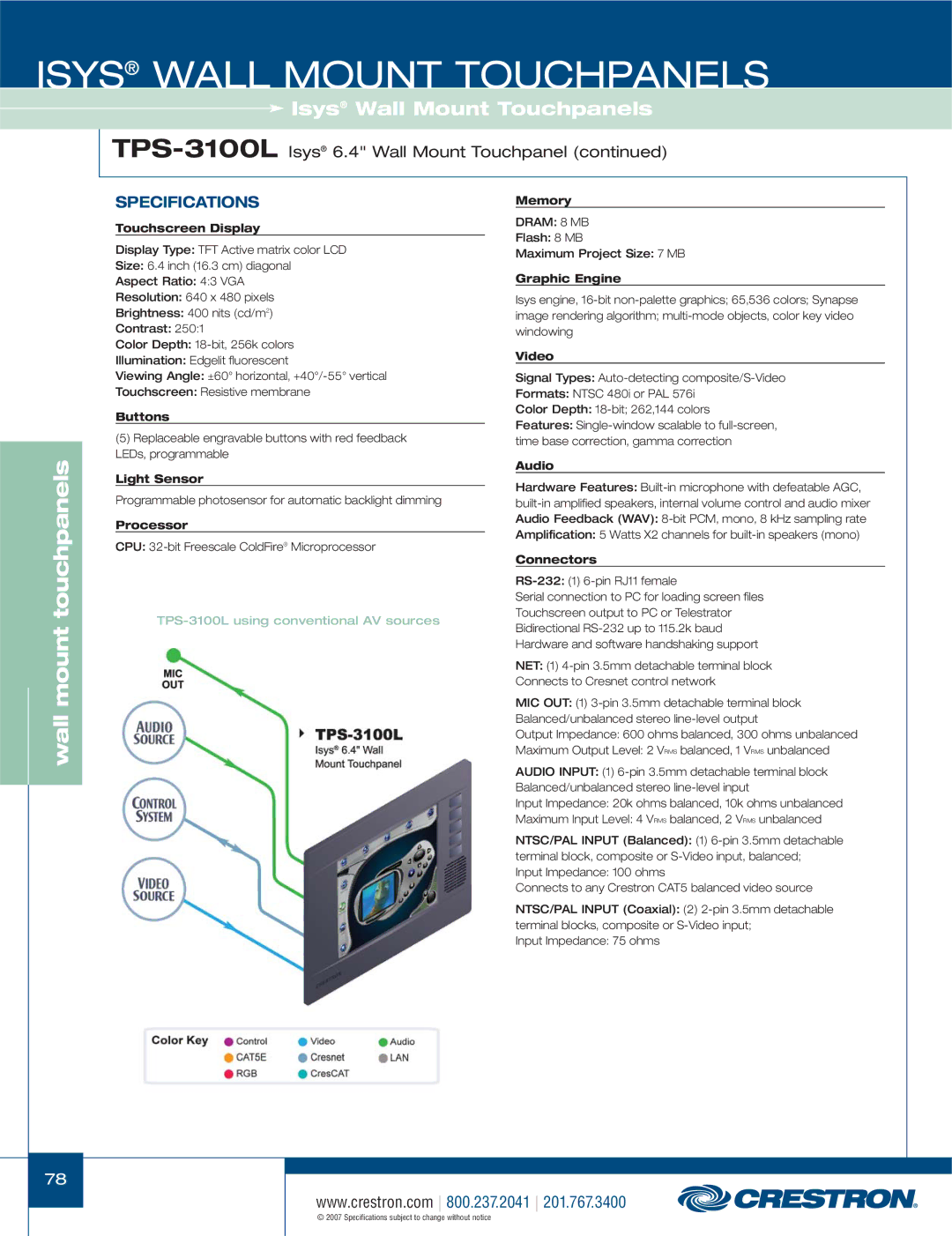 Crestron electronic TPS-4000L, TPS-17L, TPS-12L, TPS-15L manual TPS-3100LIsys 6.4 Wall Mount Touchpanel 