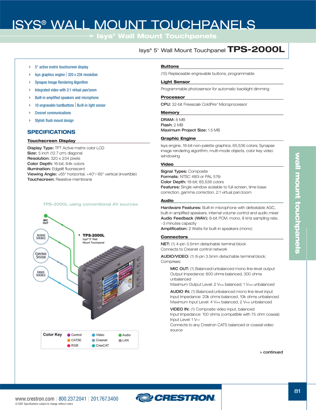 Crestron electronic TPS-12L, TPS-4000L, TPS-3100L, TPS-17L, TPS-15L manual Isys 5 Wall Mount Touchpanel TPS-2000L 