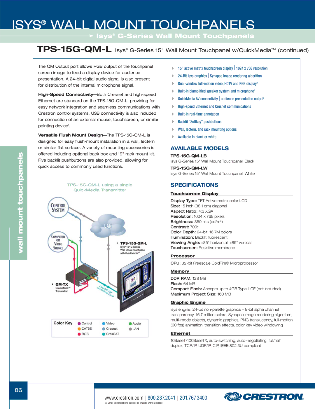 Crestron electronic TPS-12L, TPS-4000L, TPS-3100L, TPS-17L, TPS-15L manual TPS-15G-QM-LB, TPS-15G-QM-LW 