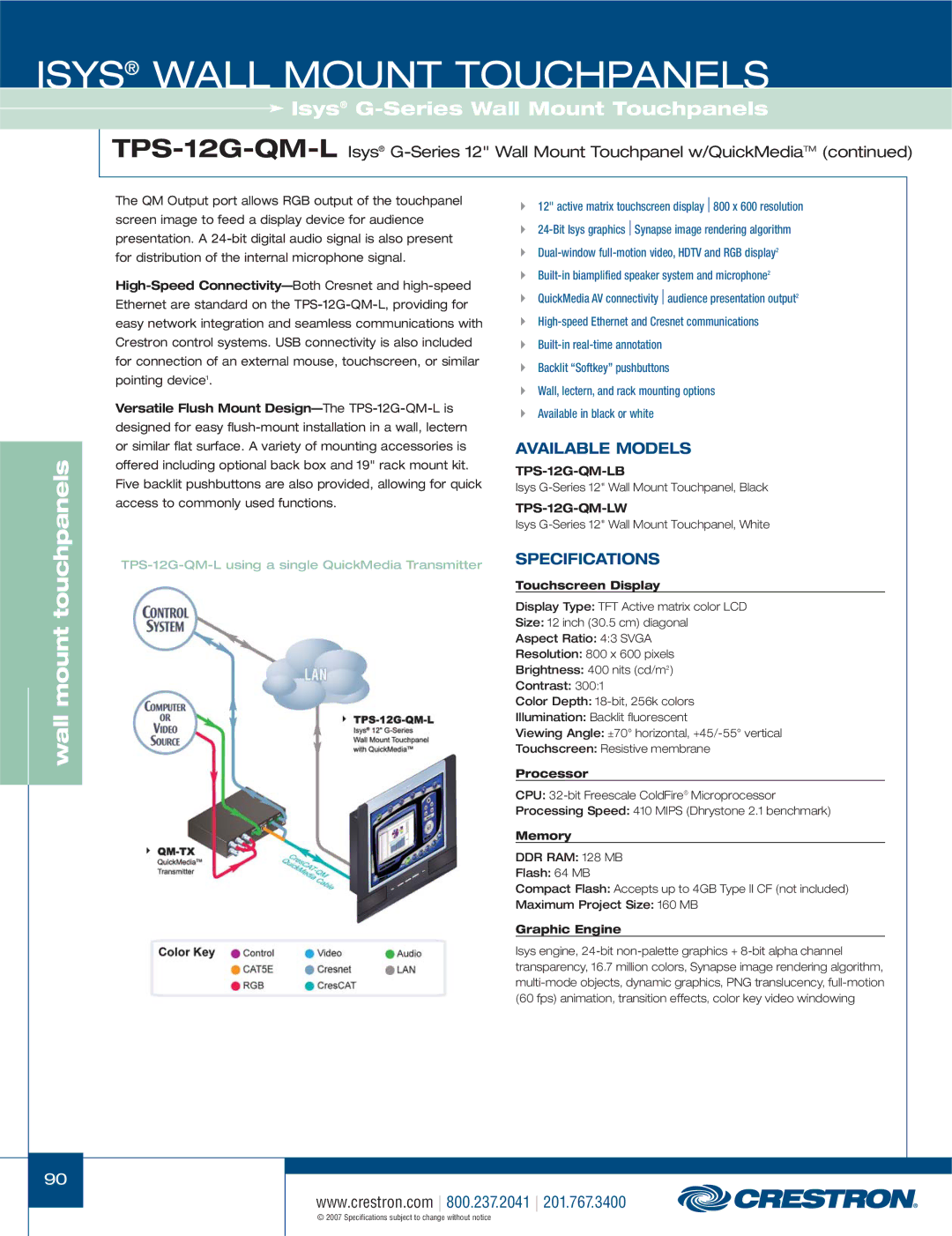 Crestron electronic TPS-17L, TPS-4000L, TPS-3100L, TPS-12L, TPS-15L manual TPS-12G-QM-LB, TPS-12G-QM-LW 