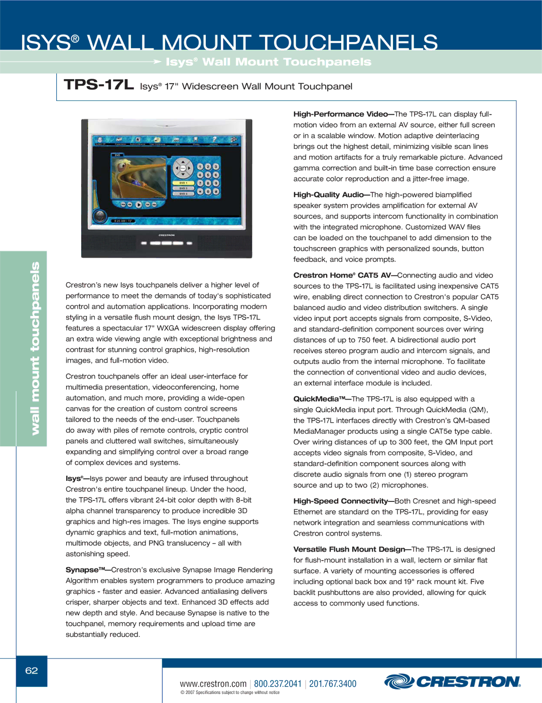 Crestron electronic TPS-15L, TPS-4000L, TPS-3100L, TPS-17L, TPS-12L manual Isys Wall Mount Touchpanels 