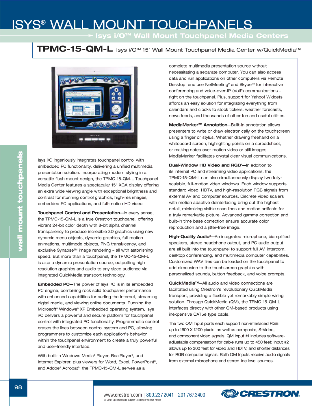 Crestron electronic TPS-4000L, TPS-3100L, TPS-17L, TPS-12L, TPS-15L manual Isys Wall Mount Touchpanels 