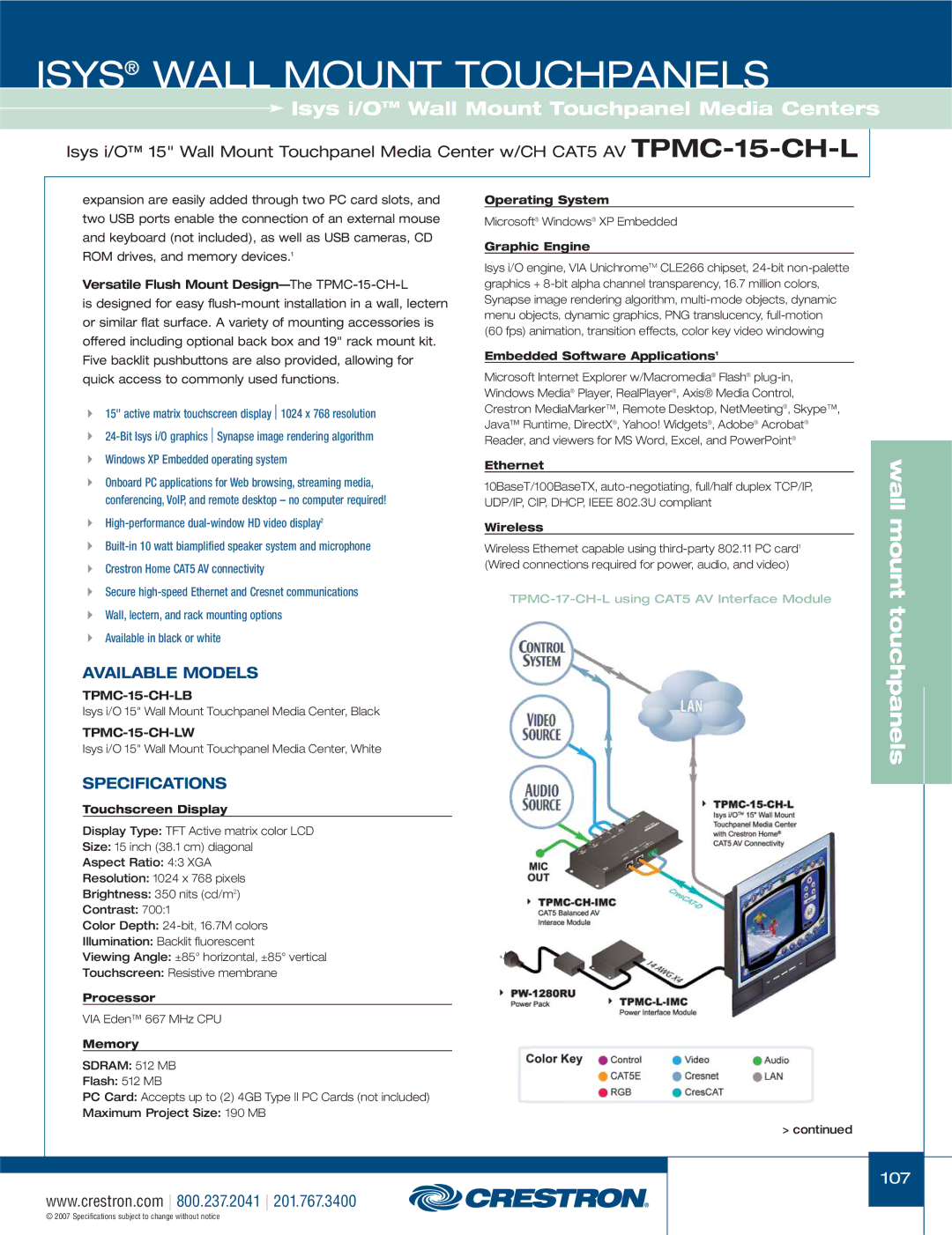 Crestron electronic TPS-15L, TPS-4000L, TPS-17L Versatile Flush Mount Design-TheTPMC-15-CH-L, TPMC-15-CH-LB, TPMC-15-CH-LW 