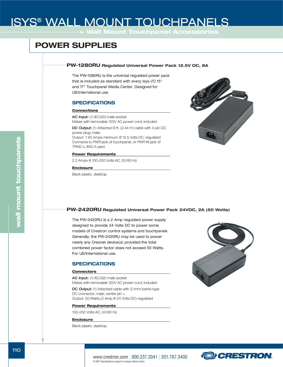 Crestron electronic TPS-17L, TPS-4000L, TPS-3100L, TPS-12L PW-1280RURegulated Universal Power Pack 12.5V DC, 8A, Connections 