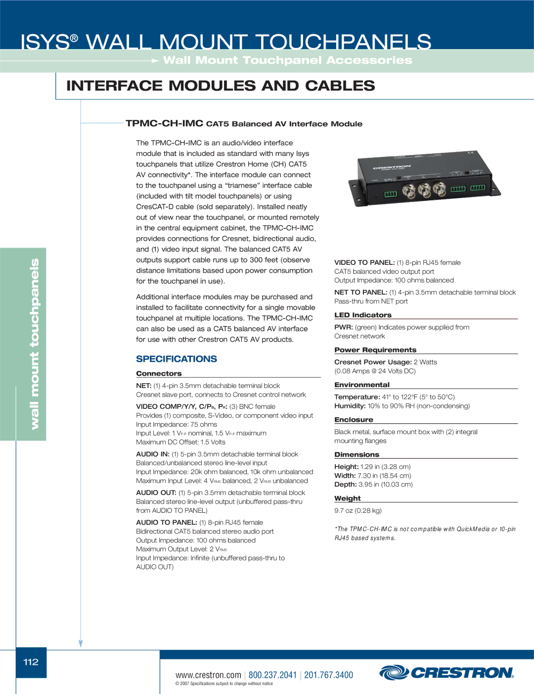 Crestron electronic TPS-15L, TPS-4000L, TPS-3100L, TPS-17L, TPS-12L Wall mount, TPMC-CH-IMCCAT5 Balanced AV Interface Module 