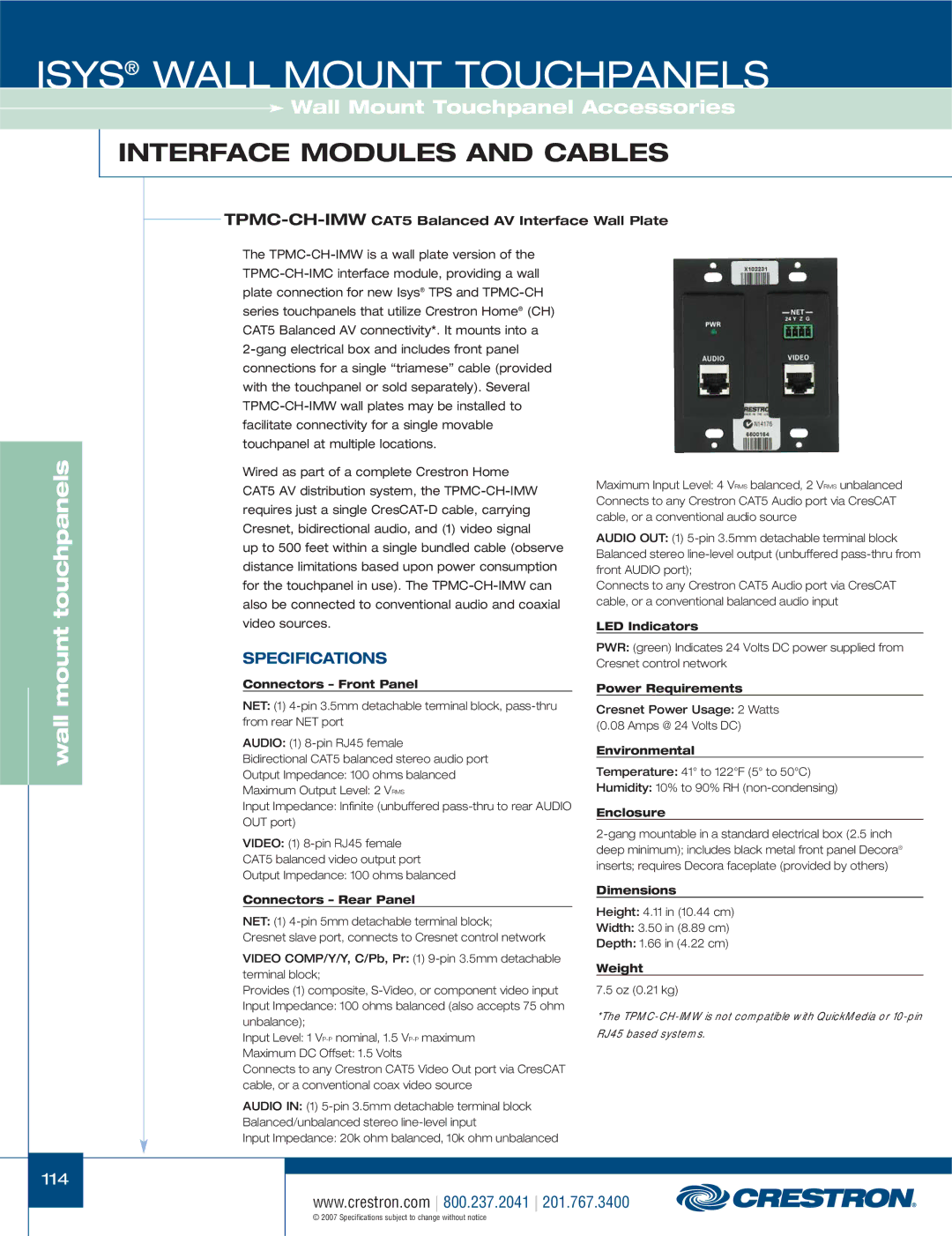 Crestron electronic TPS-3100L, TPS-4000L, TPS-17L TPMC-CH-IMWCAT5 Balanced AV Interface Wall Plate, Connectors Front Panel 