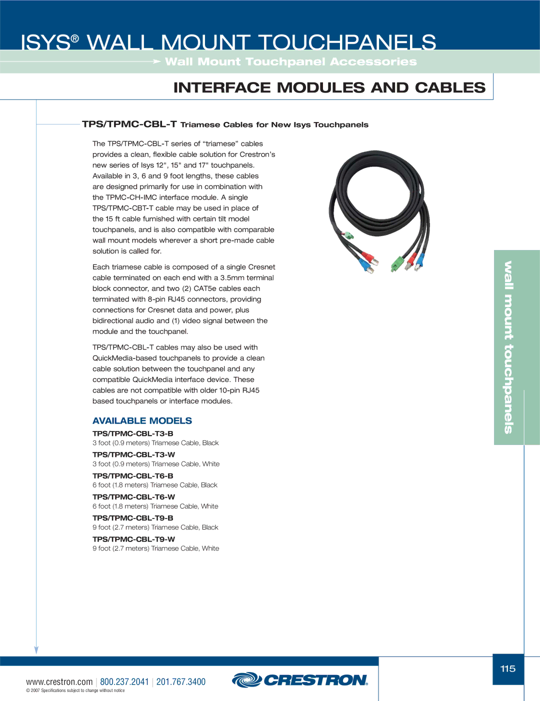 Crestron electronic TPS-17L TPS/TPMC-CBL-T3-B, TPS/TPMC-CBL-T3-W, TPS/TPMC-CBL-T6-B, TPS/TPMC-CBL-T6-W, TPS/TPMC-CBL-T9-B 