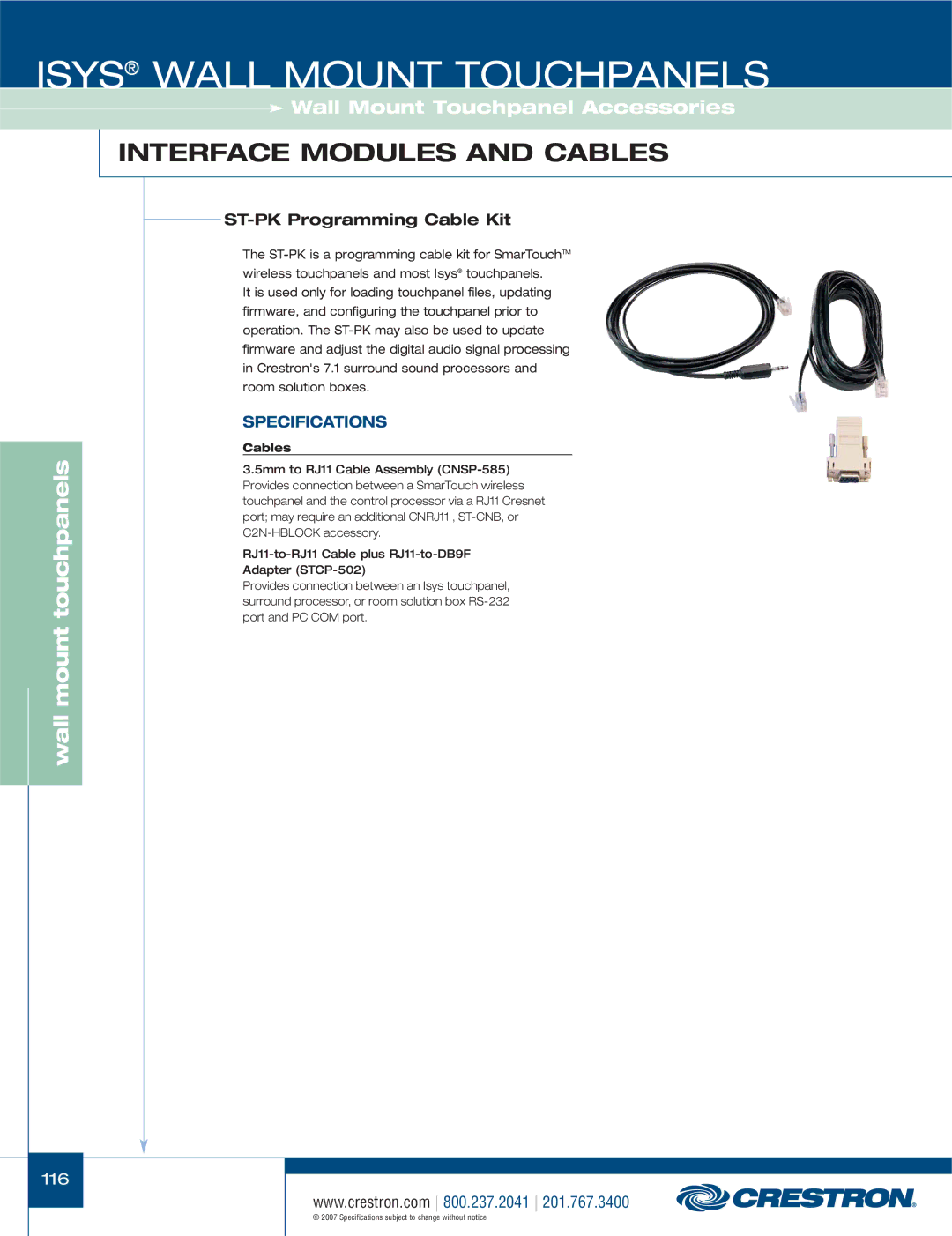 Crestron electronic TPS-12L, TPS-4000L, TPS-3100L, TPS-17L, TPS-15L manual ST-PK Programming Cable Kit, Cables 