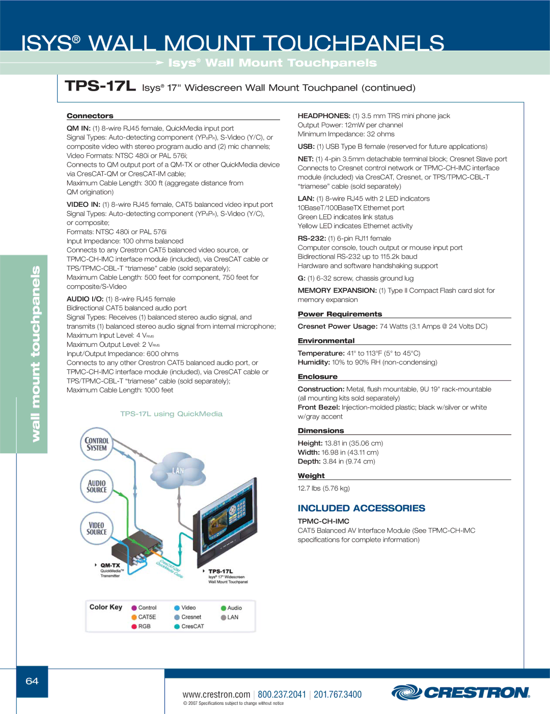 Crestron electronic TPS-3100L, TPS-4000L manual Connectors, Power Requirements, Environmental, Enclosure, Dimensions, Weight 