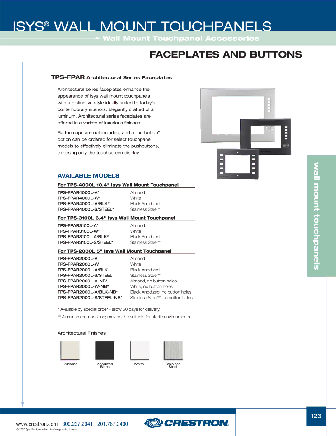 Crestron electronic TPS-3100L TPS-FPARArchitectural Series Faceplates, For TPS-4000L 10.4 Isys Wall Mount Touchpanel 