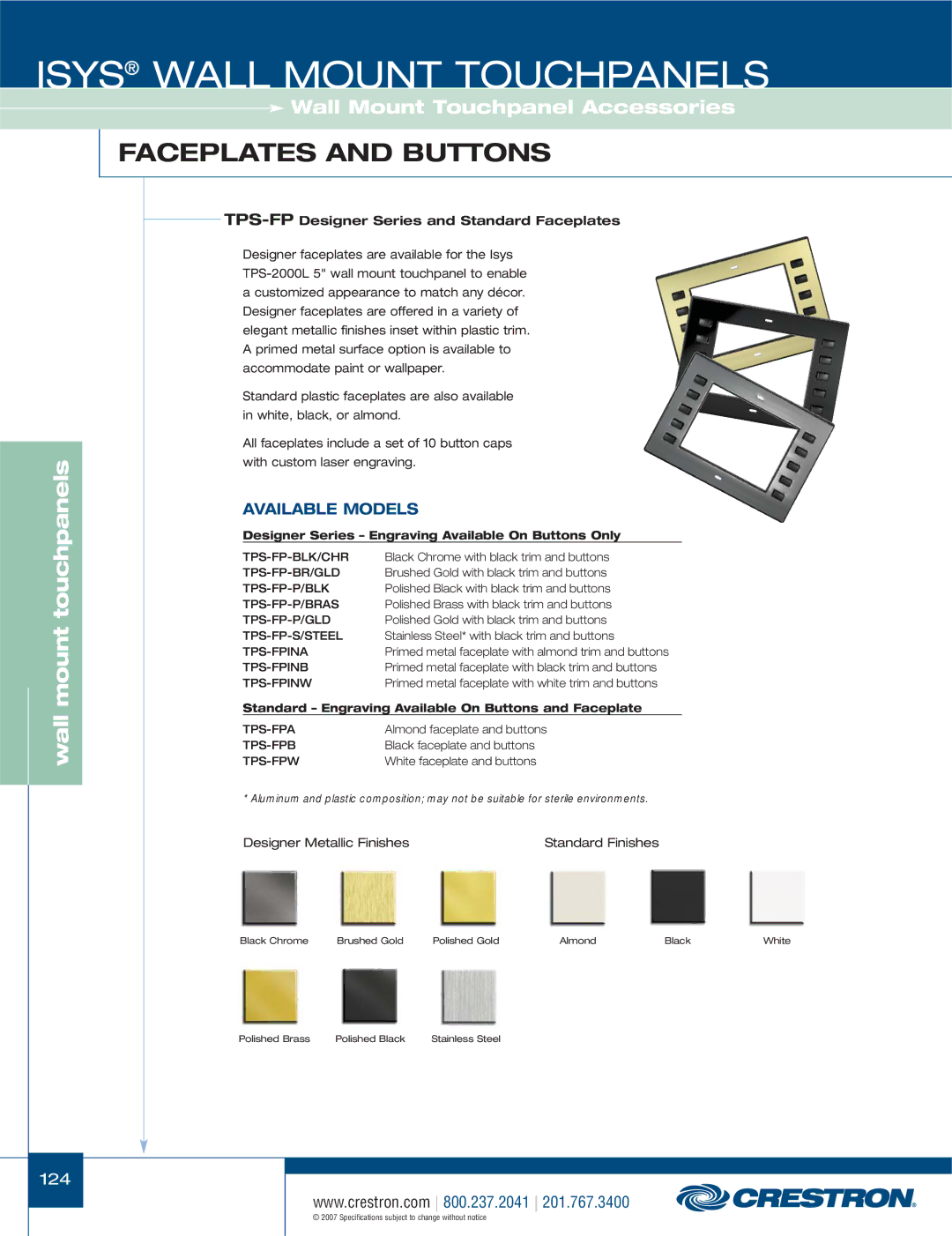 Crestron electronic TPS-3100L, TPS-4000L, TPS-17L, TPS-12L, TPS-15L manual TPS-FPDesigner Series and Standard Faceplates 