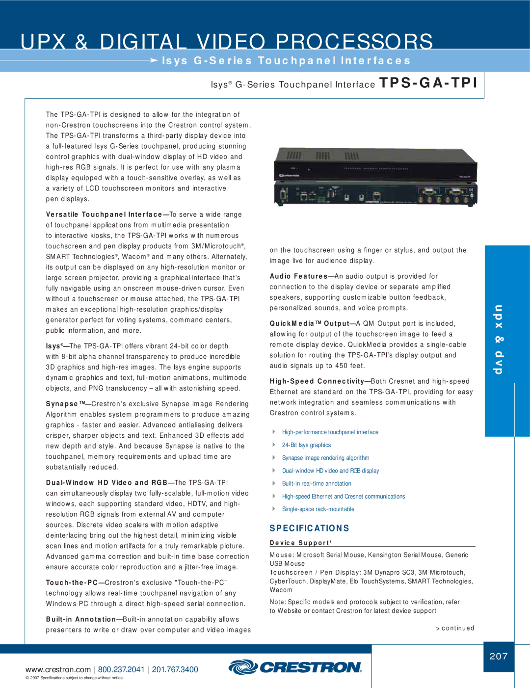 Crestron electronic DTT-17, UPX-2 manual Isys G-Series Touchpanel Interface TPS-GA-TPI, Device Support1 