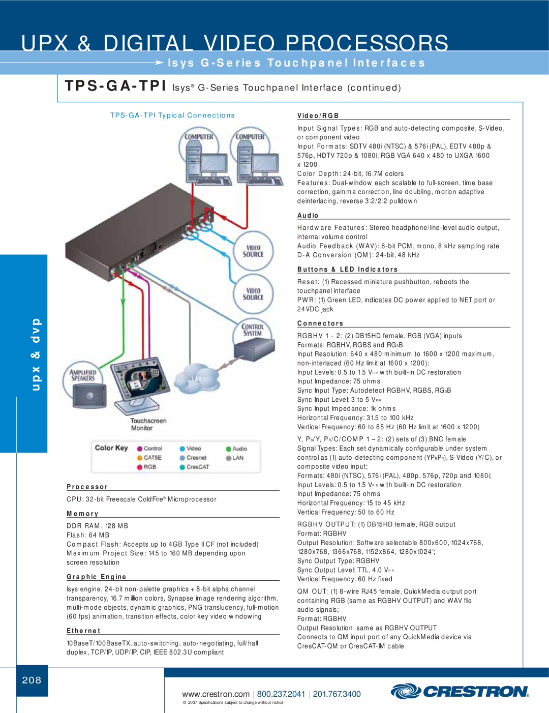 Crestron electronic UPX-2, DTT-17 manual TPS-GA-TPIIsys G-Series Touchpanel Interface, Processor 