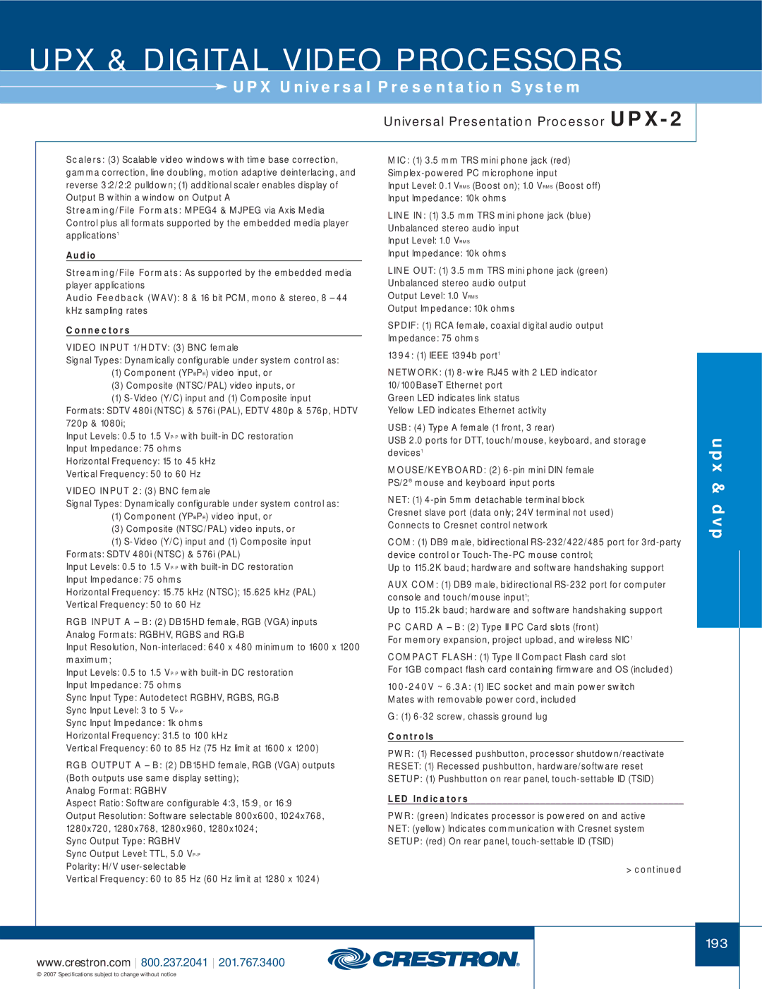 Crestron electronic DTT-17, UPX-2 manual Audio, Connectors, Controls, LED Indicators 