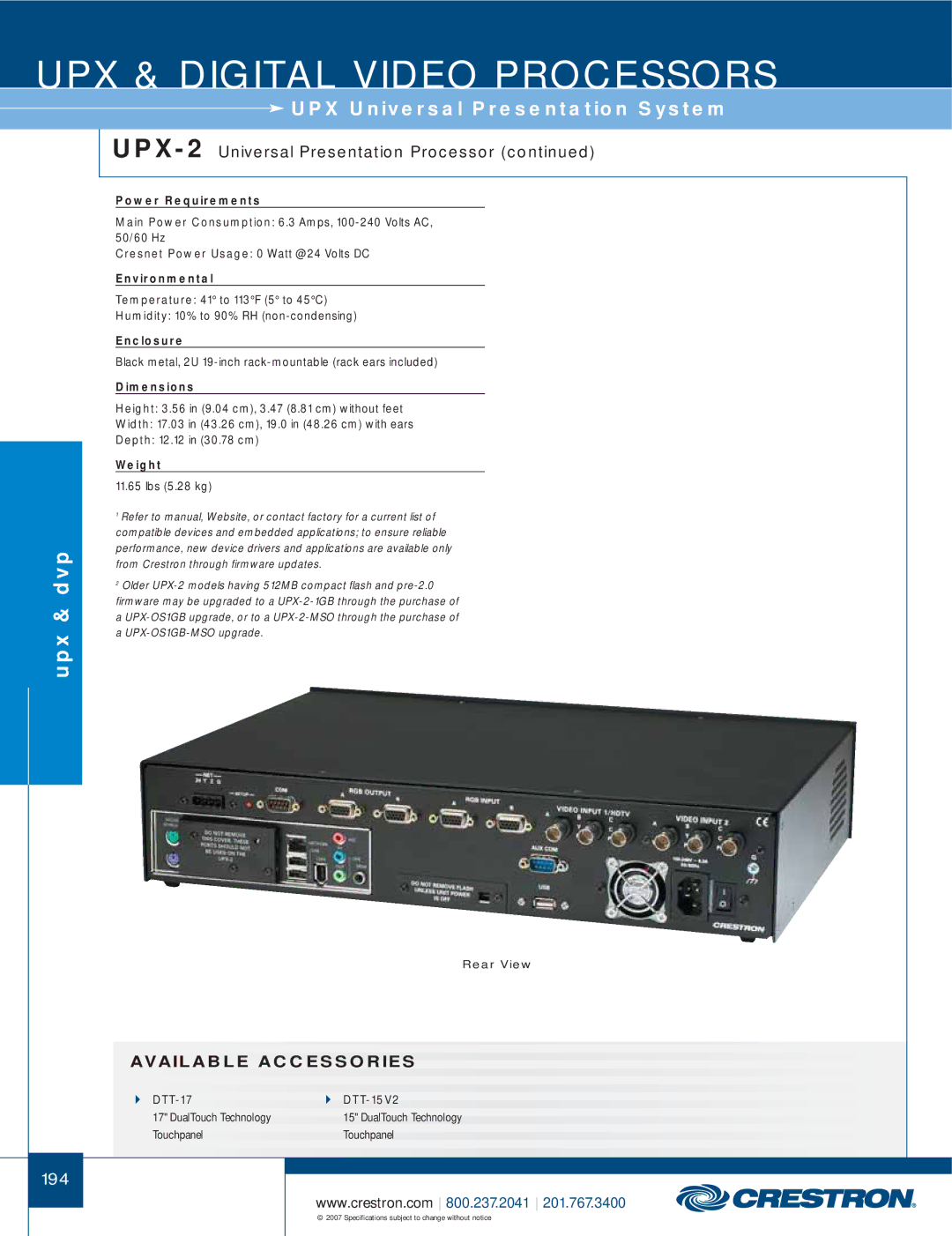 Crestron electronic UPX-2, DTT-17 manual Power Requirements, Environmental, Enclosure, Dimensions, Weight 