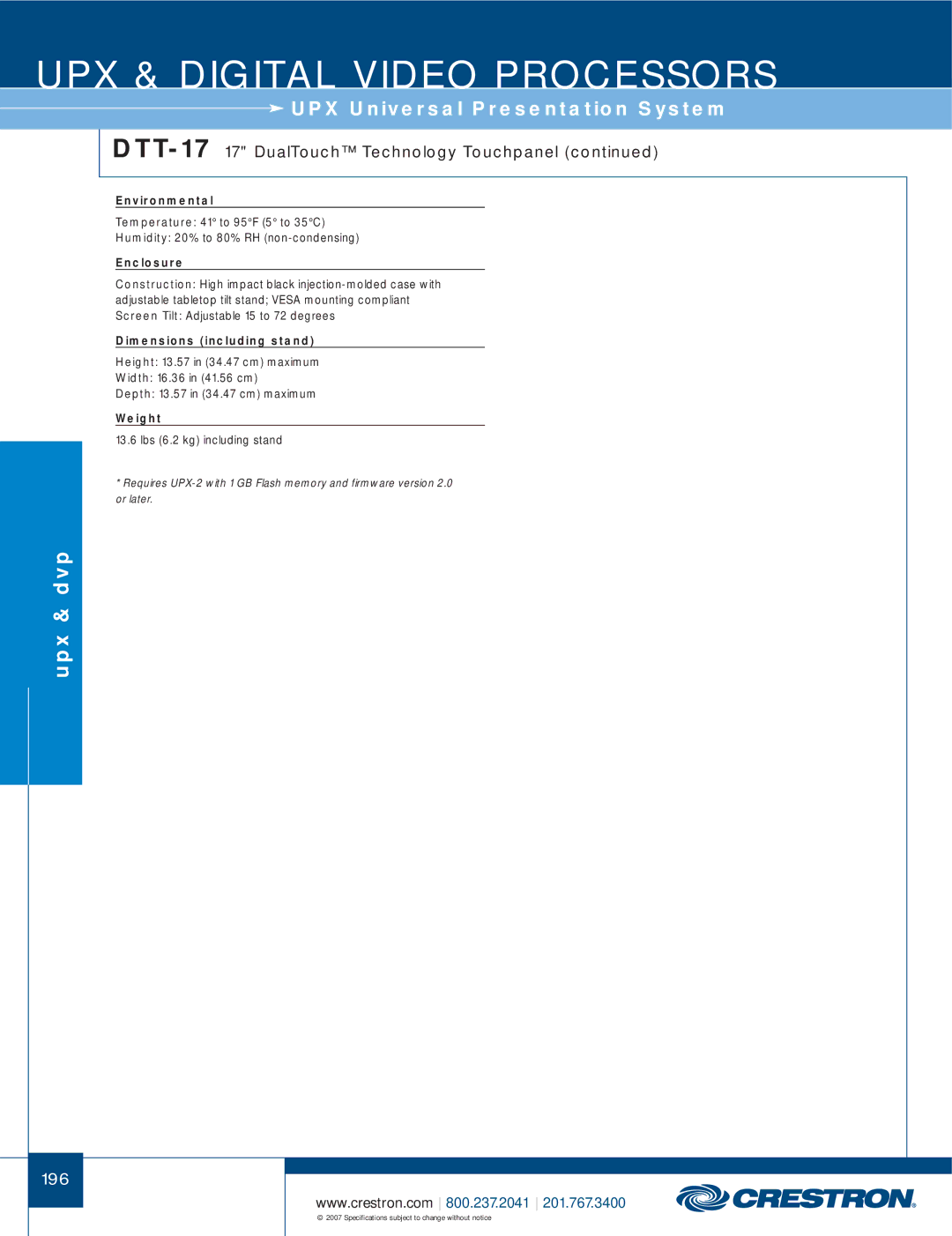 Crestron electronic UPX-2 manual DTT-1717 DualTouch Technology Touchpanel, Dimensions including stand 