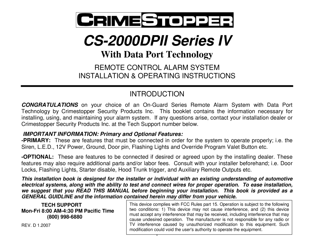 Crimestopper Security Products manual CS-2000DPII Series 