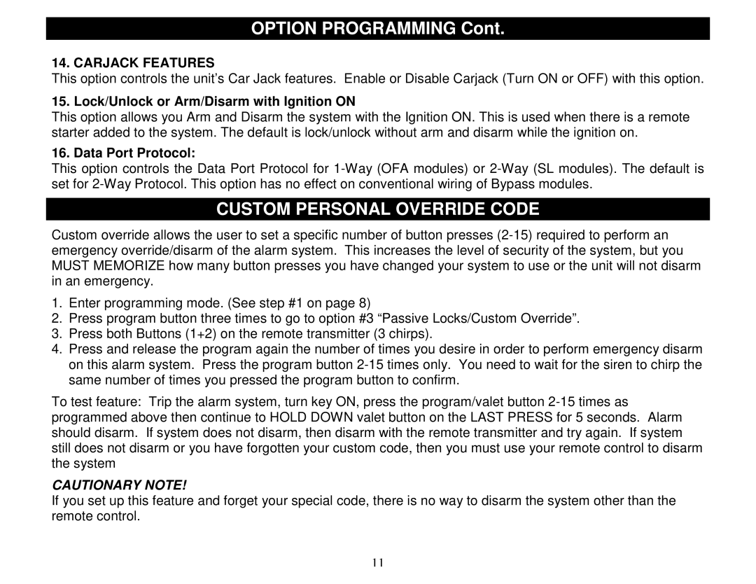 Crimestopper Security Products CS-2000DPII manual Custom Personal Override Code, Carjack Features, Data Port Protocol 