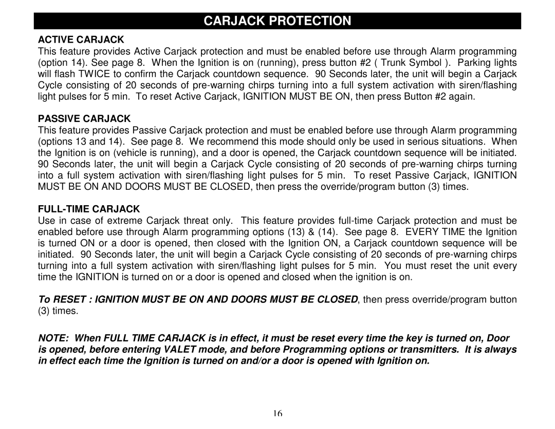 Crimestopper Security Products CS-2000DPII manual Carjack Protection, Active Carjack, Passive Carjack, FULL-TIME Carjack 