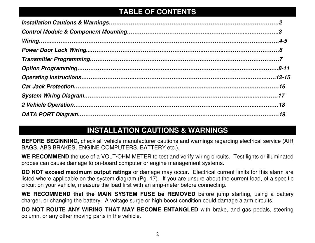 Crimestopper Security Products CS-2000DPII manual Table of Contents, Installation Cautions & Warnings 