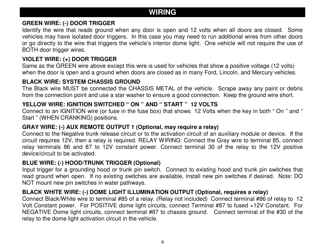 Crimestopper Security Products CS-2000DPII manual Wiring, Green Wire Door Trigger, Violet Wire + Door Trigger 