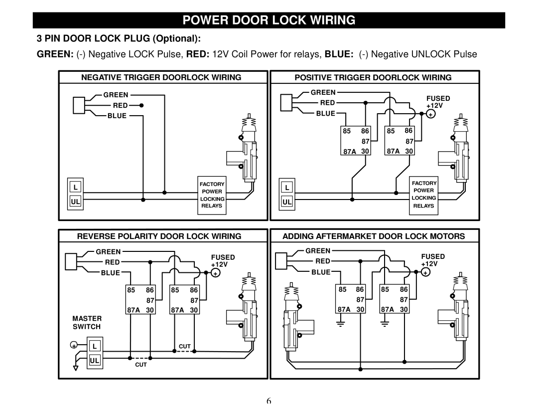 Crimestopper Security Products CS-2000DPII manual Power Door Lock Wiring, PIN Door Lock Plug Optional 