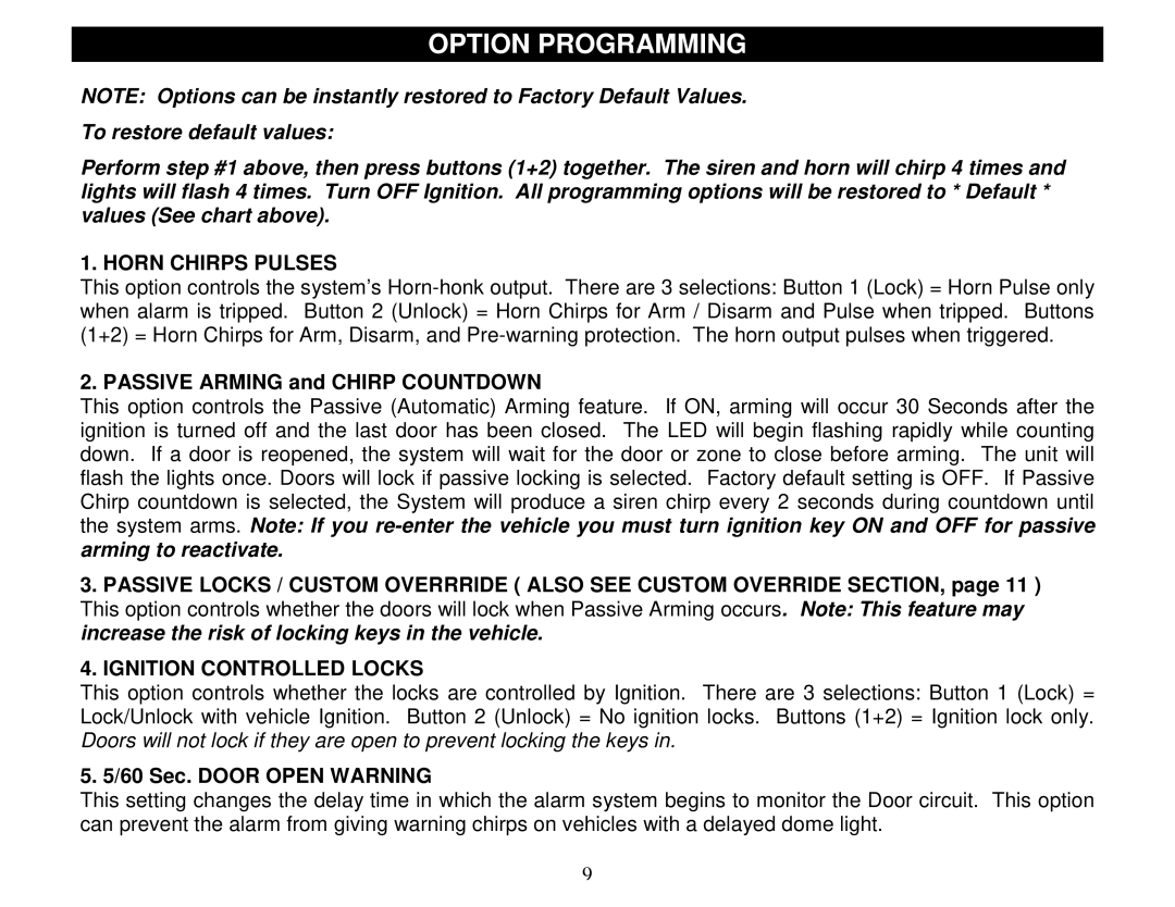 Crimestopper Security Products CS-2000DPII manual Horn Chirps Pulses, Passive Arming and Chirp Countdown 