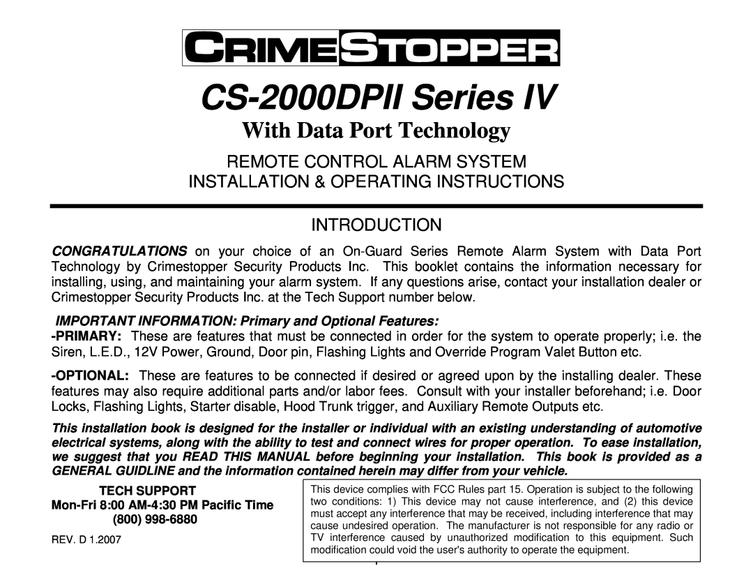 Crimestopper Security Products manual With Data Port Technology, CS-2000DPIISeries, Remote Control Alarm System 
