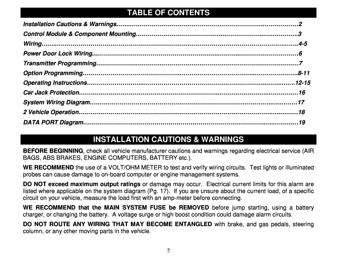 Crimestopper Security Products CS-2000DPII manual Table Of Contents, Installation Cautions & Warnings 