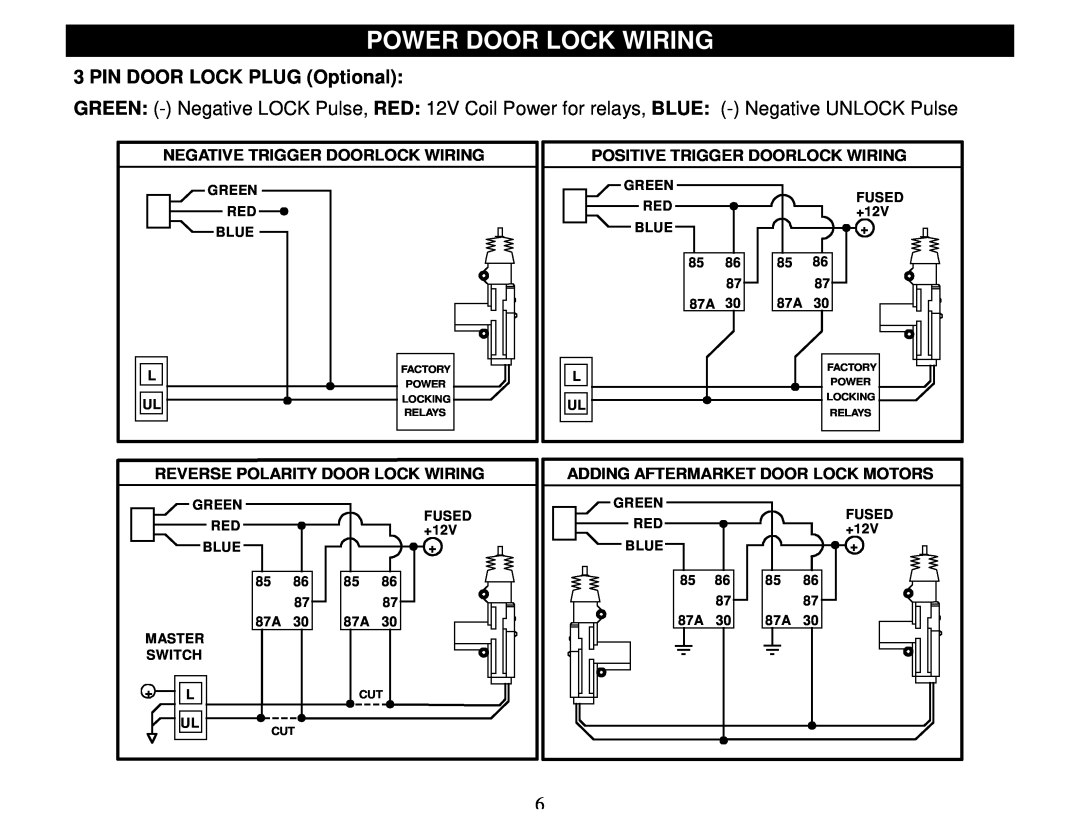 Crimestopper Security Products CS-2000DPII manual Power Door Lock Wiring, PIN DOOR LOCK PLUG Optional 