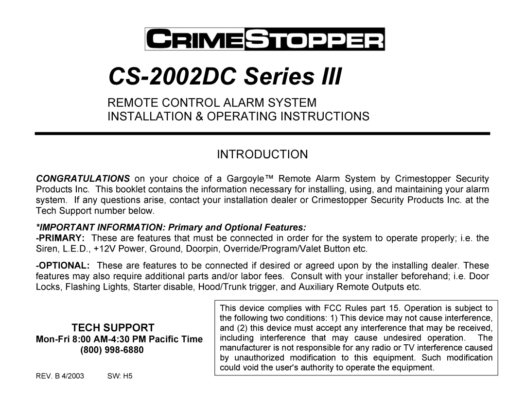 Crimestopper Security Products CS-2002DC SERIES III manual CS-2002DC Series, Mon-Fri 800 AM-430 PM Pacific Time 800 