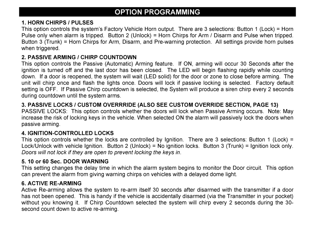 Crimestopper Security Products CS-2002DC SERIES III manual Horn Chirps / Pulses, Passive Arming / Chirp Countdown 