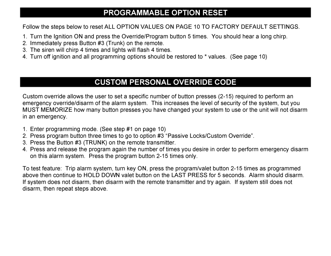 Crimestopper Security Products CS-2002DC SERIES III manual Programmable Option Reset, Custom Personal Override Code 