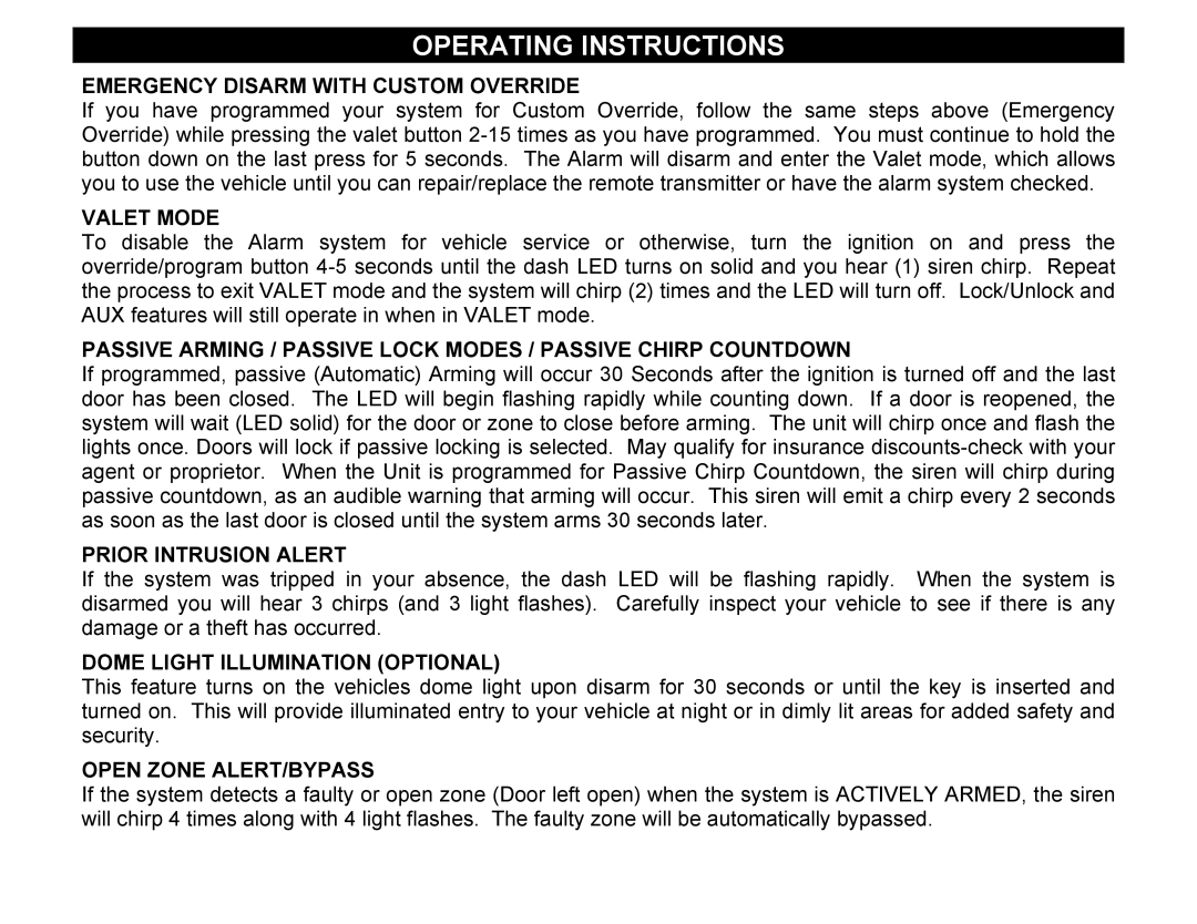 Crimestopper Security Products CS-2002DC SERIES III manual Emergency Disarm with Custom Override, Valet Mode 