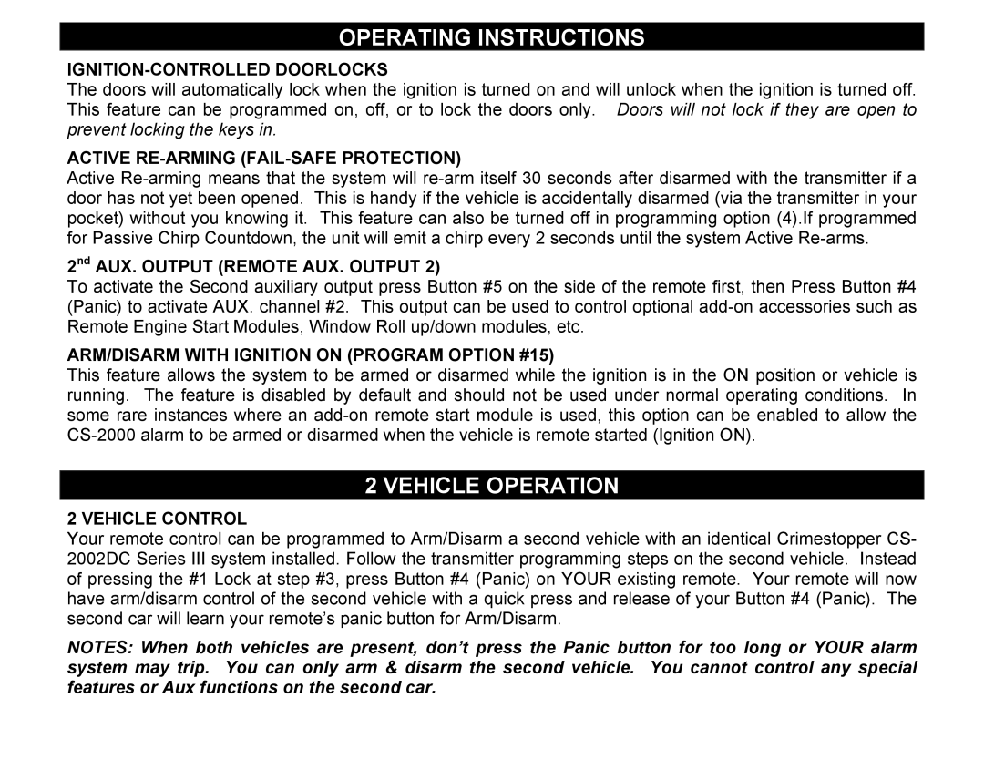 Crimestopper Security Products CS-2002DC SERIES III Vehicle Operation, IGNITION-CONTROLLED Doorlocks, Vehicle Control 