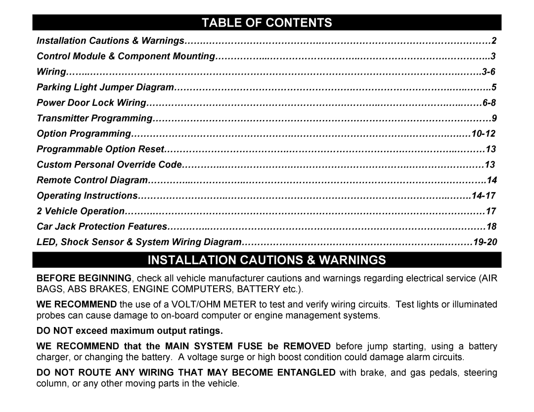 Crimestopper Security Products CS-2002DC SERIES III manual Table of Contents, Installation Cautions & Warnings 