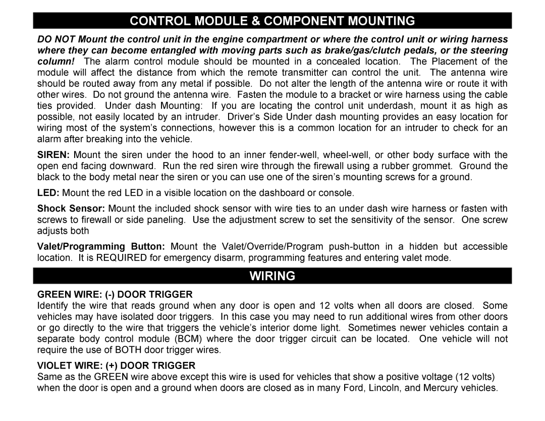 Crimestopper Security Products CS-2002DC SERIES III Control Module & Component Mounting, Wiring, Green Wire Door Trigger 