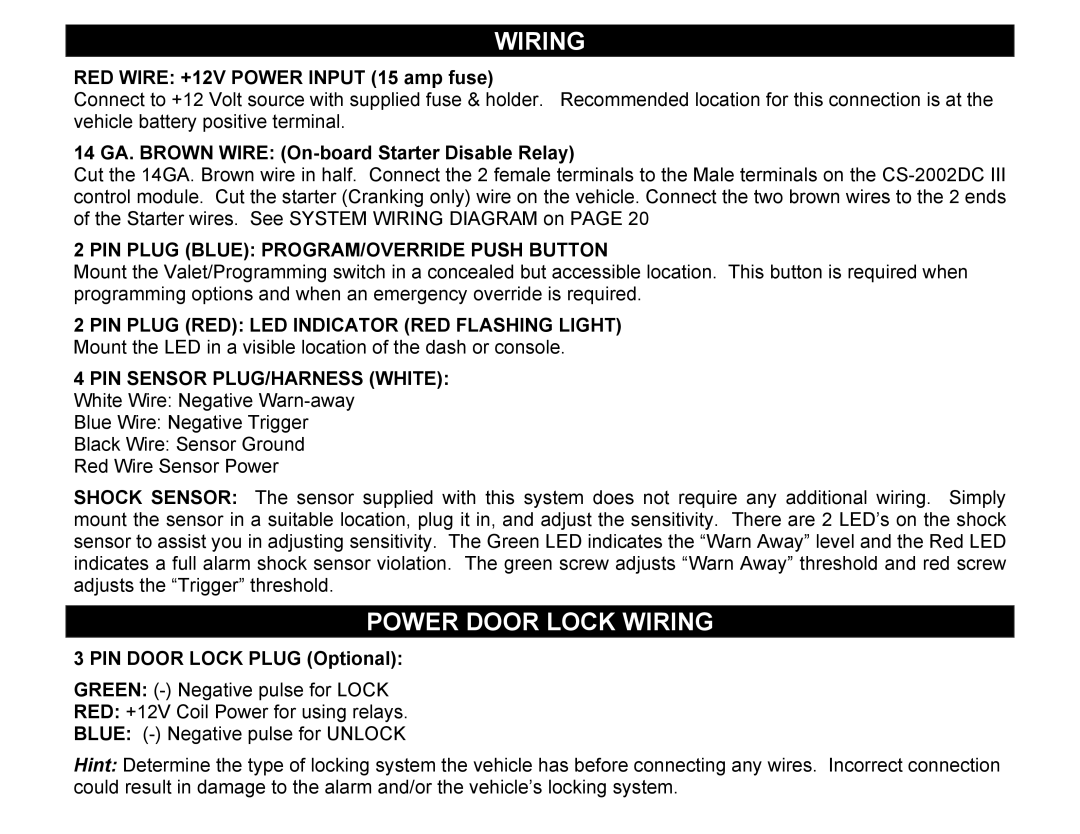 Crimestopper Security Products CS-2002DC SERIES III Power Door Lock Wiring, PIN Plug Blue PROGRAM/OVERRIDE Push Button 