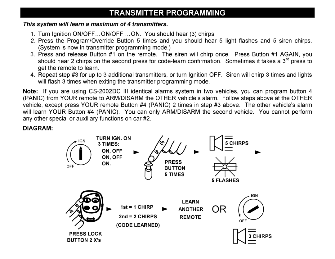 Crimestopper Security Products CS-2002DC SERIES III manual Transmitter Programming, Diagram 