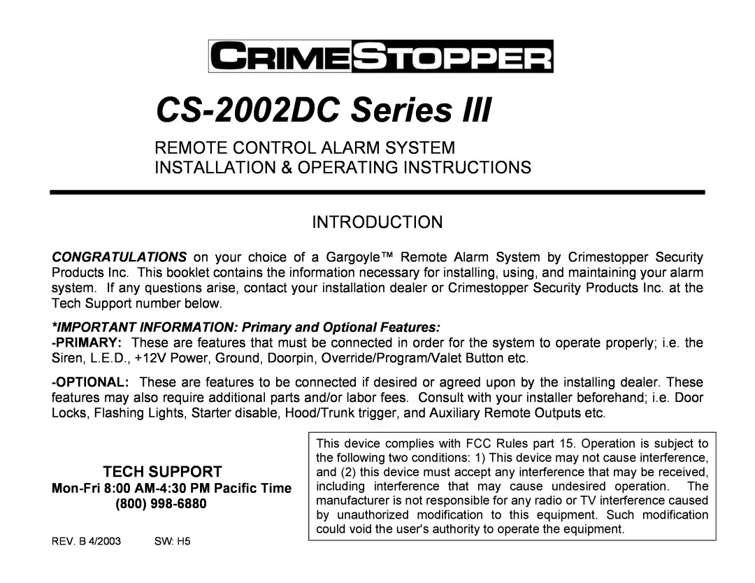 Crimestopper Security Products CS-2002DC SERIES III manual Mon-Fri8 00 AM-4 30PM Pacific Time, CS-2002DCSeries 