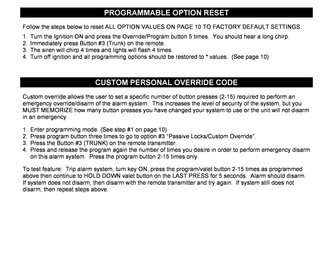Crimestopper Security Products CS-2002DC SERIES III manual Programmable Option Reset, Custom Personal Override Code 