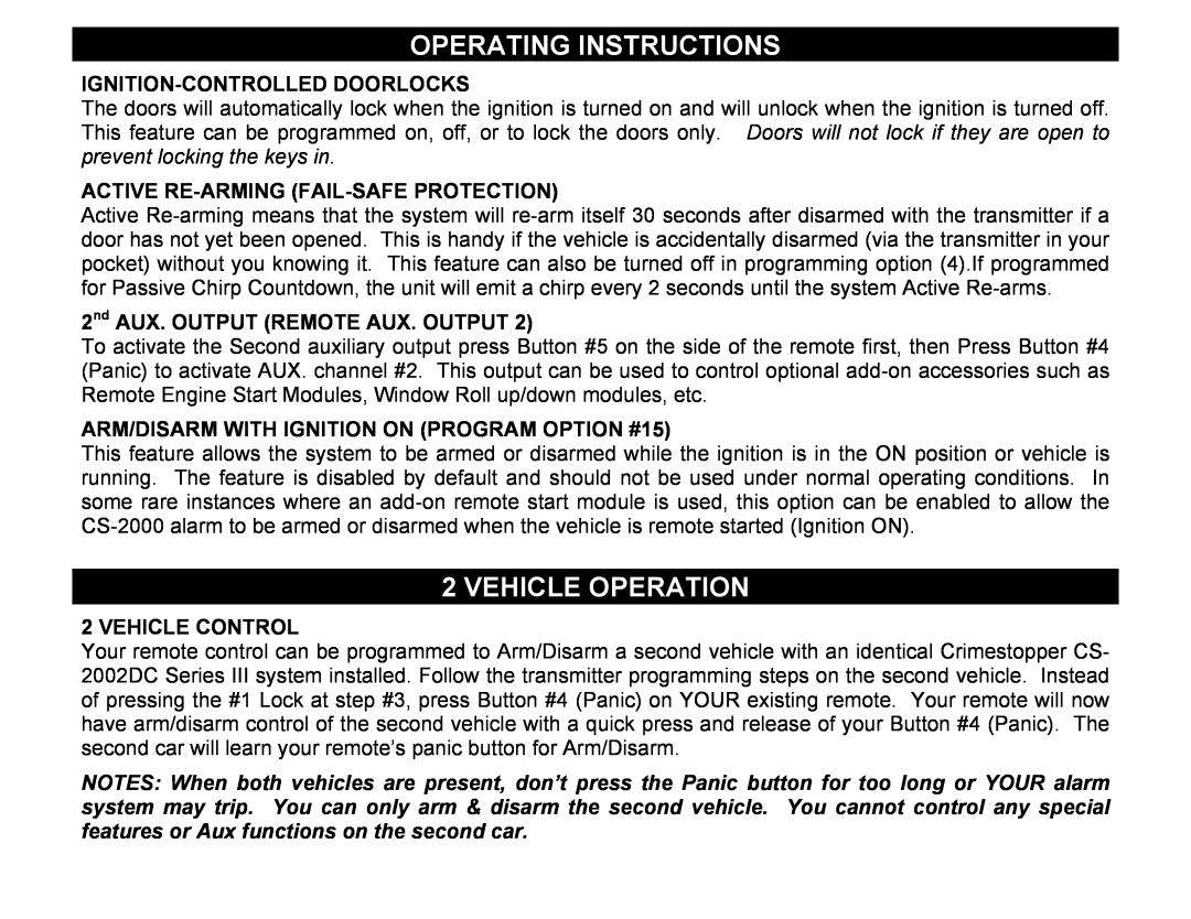 Crimestopper Security Products CS-2002DC SERIES III manual Vehicle Operation, Ignition-Controlleddoorlocks, Vehicle Control 