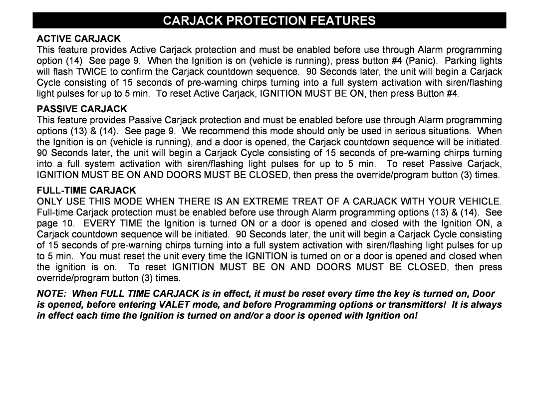 Crimestopper Security Products CS-2002DC SERIES III manual Carjack Protection Features, Active Carjack, Passive Carjack 