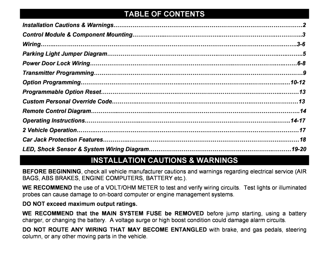 Crimestopper Security Products CS-2002DC SERIES III manual Table Of Contents, Installation Cautions & Warnings 