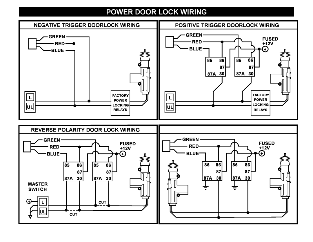 Crimestopper Security Products CS-2002DC SERIES III manual Power Door Lock Wiring, Reverse Polarity Door Lock Wiring 