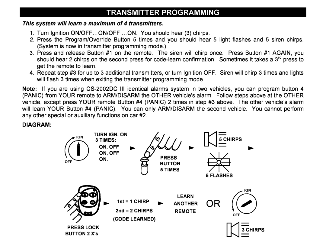 Crimestopper Security Products CS-2002DC SERIES III manual Transmitter Programming, Diagram 