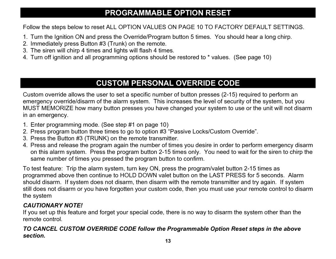 Crimestopper Security Products CS-2002DC manual Programmable Option Reset, Custom Personal Override Code 