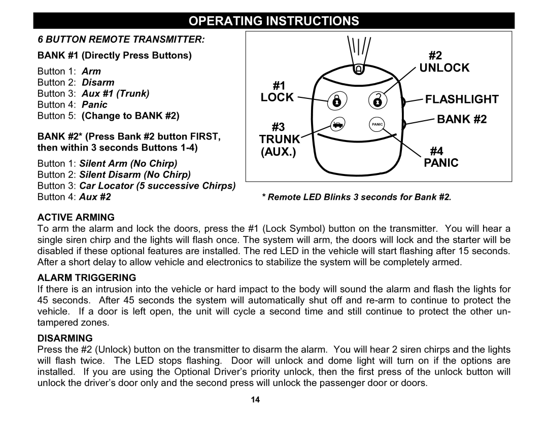 Crimestopper Security Products CS-2002DC manual Operating Instructions, Active Arming, Alarm Triggering, Disarming 