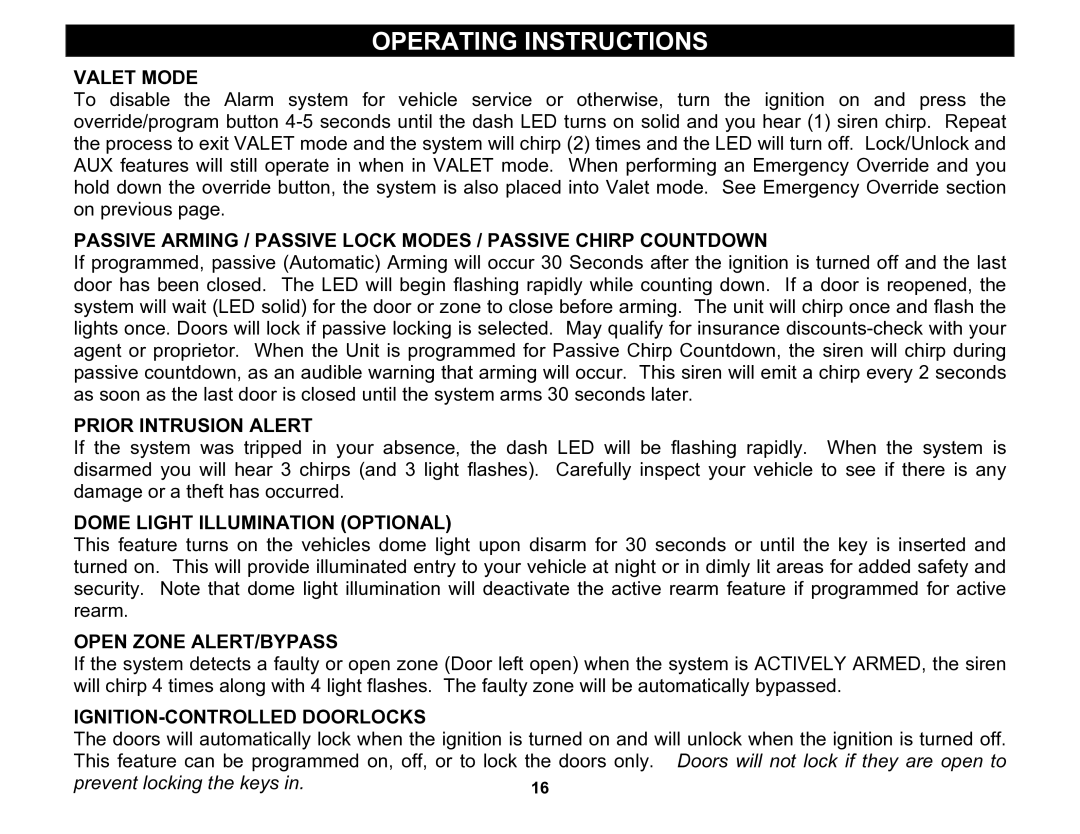 Crimestopper Security Products CS-2002DC manual Valet Mode, Prior Intrusion Alert, Dome Light Illumination Optional 